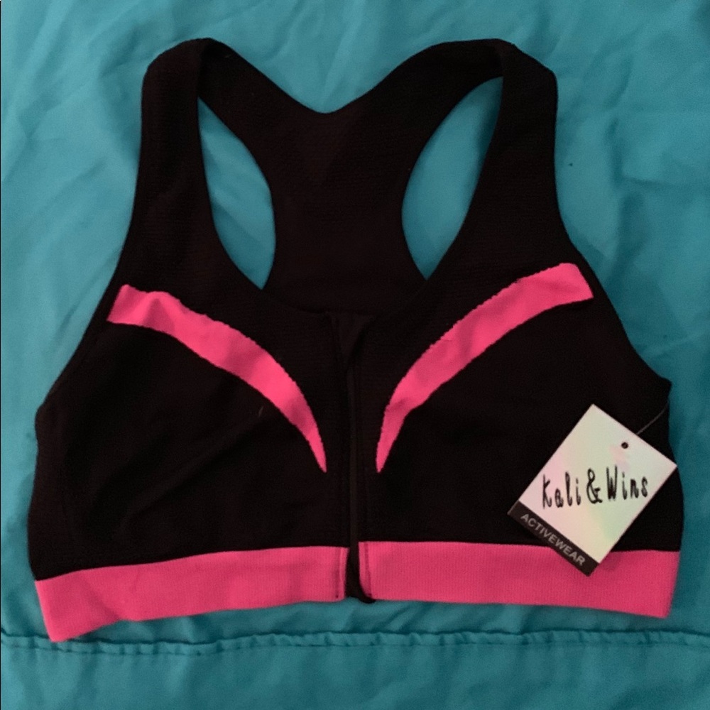 NWT Zip Front Sports Black & Pink Bra L/XL